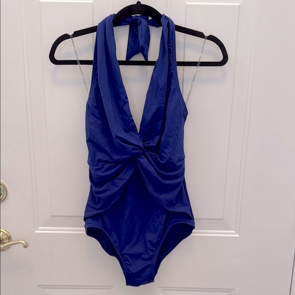 NEW Michael Kors Tie Halter Plunge One Piece Swimsuit Cobalt Blue 8 - Picture 2 of 11